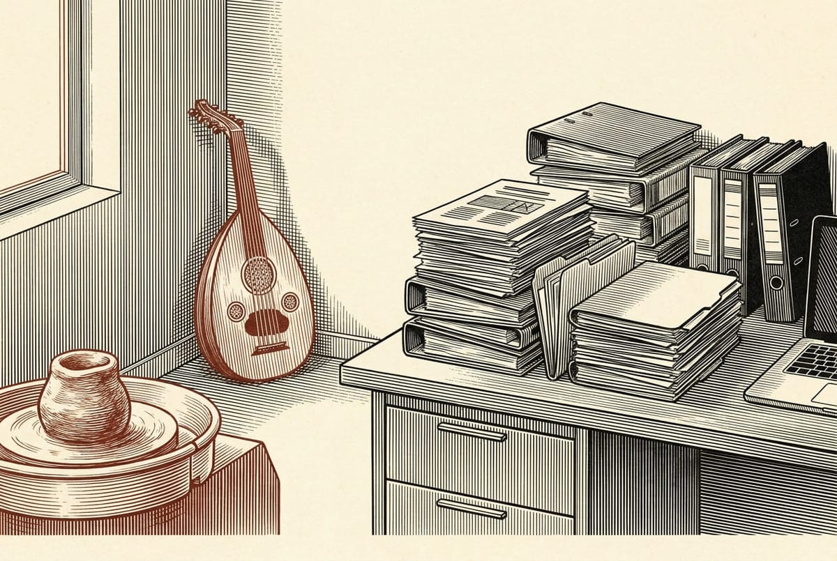 Engraving: a desk piled with files and reports, a laptop at its edge, an oud leaning against the wall in the corner, and a potter's wheel with a clay jar by the window.