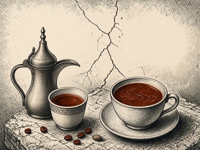 حفر: دلة نحاسية وفنجان صغير بلا مقبض بجانب كوب غربي على صحنه، والقهوة فيهما، وشق جاف في جدار الجص خلفهما.