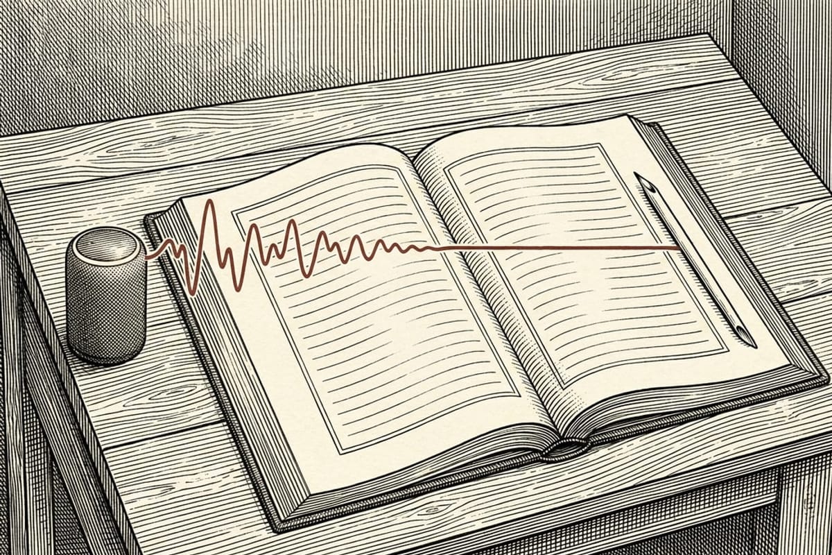سماعة ذكية صغيرة على مكتب خشبي تخرج منها موجة صوتية تعبر مخطوطة مفتوحة، وتهدأ الموجة حتى تصير خطاً مستقيماً ينتهي عند قلم قصب ملقى في الهامش.